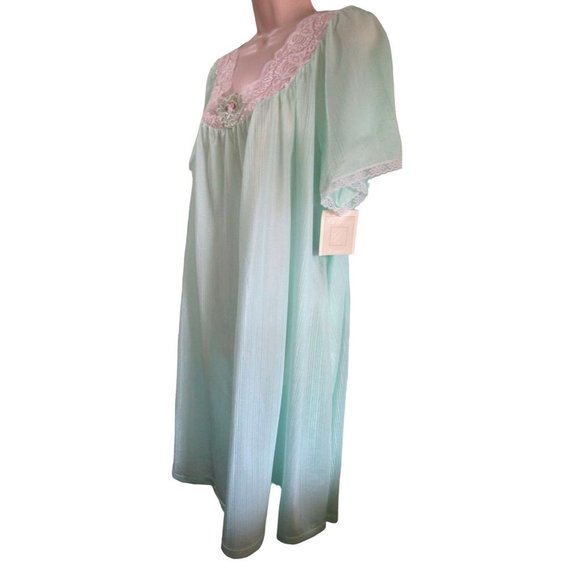 Sears Carriage Court Mint Green Short Night Gown Lace Trim Damask Stripe One Sz - Picture 2 of 16